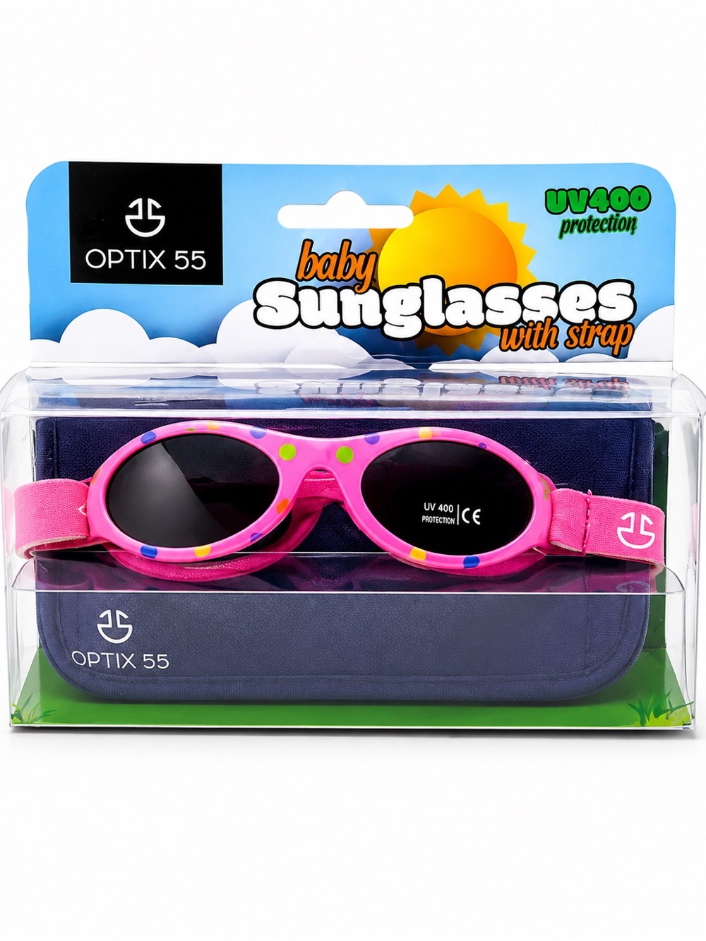 Optix 55 Baby Sunglasses UV400 Pink Polka Dot Adjustable Strap Case New